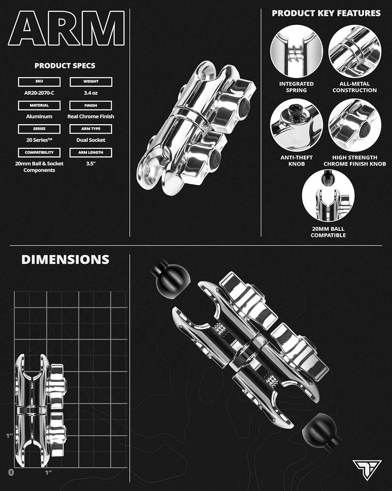 tackform Chrome 3.5" Long Metal 20mm Ball and Socket Arm DuraLock 20 Series | Dual 20mm Sockets with Optional Anti-Theft Security Function - Image 4